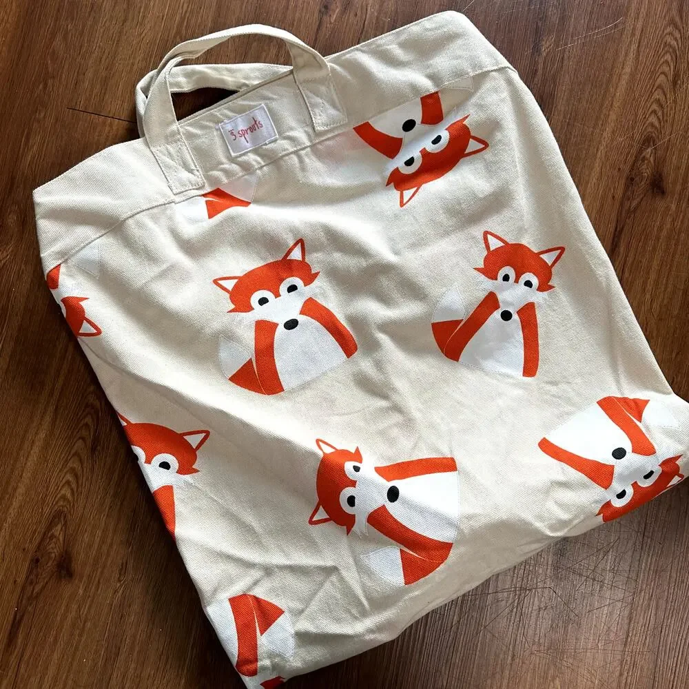 3 Sprouts Convertible Toy Storage Bag and Portable Play Mat, Orange Fox Pattern